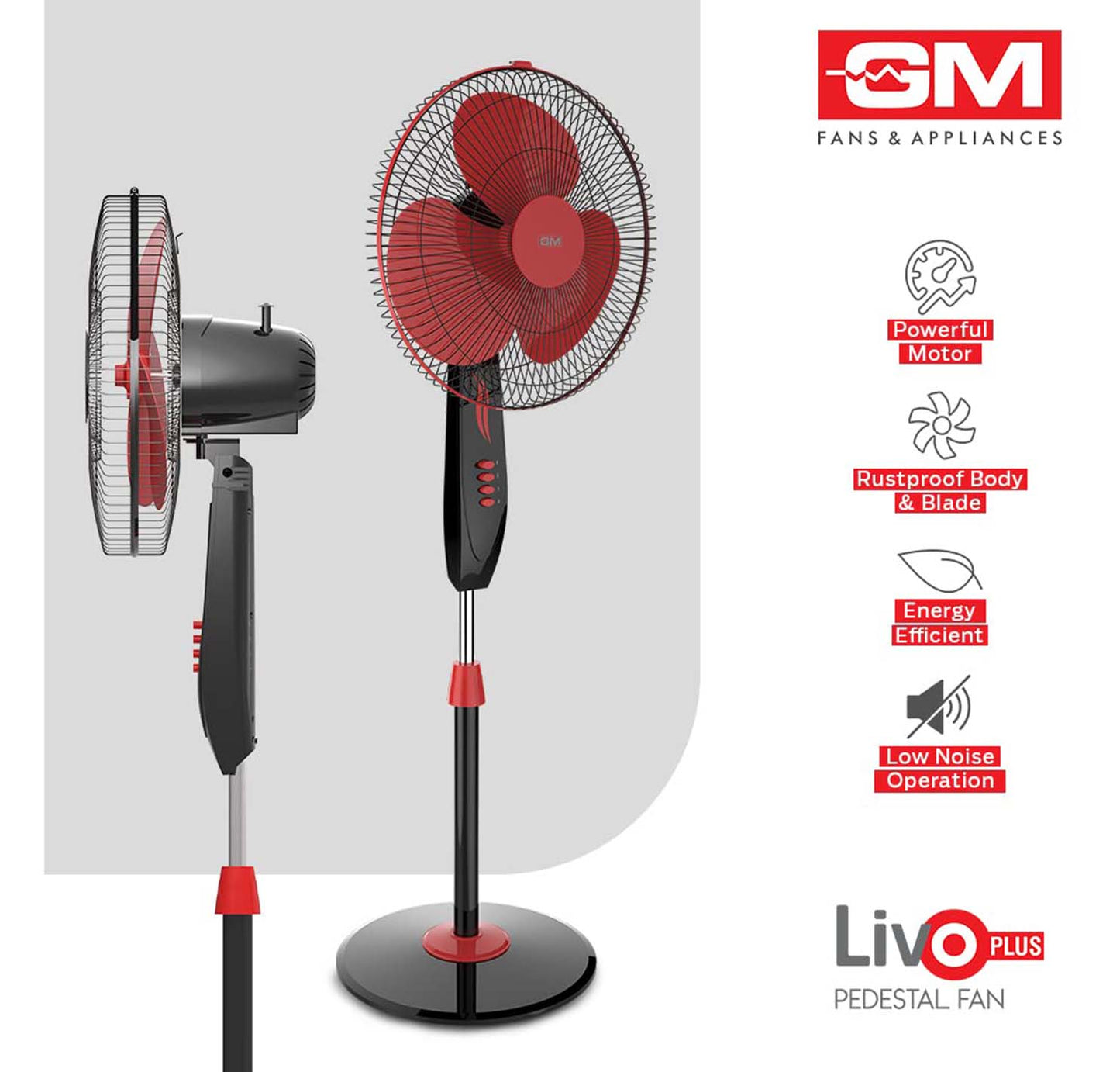 GM Livo Plus Pedestal Fan 400mm NS - Red Black