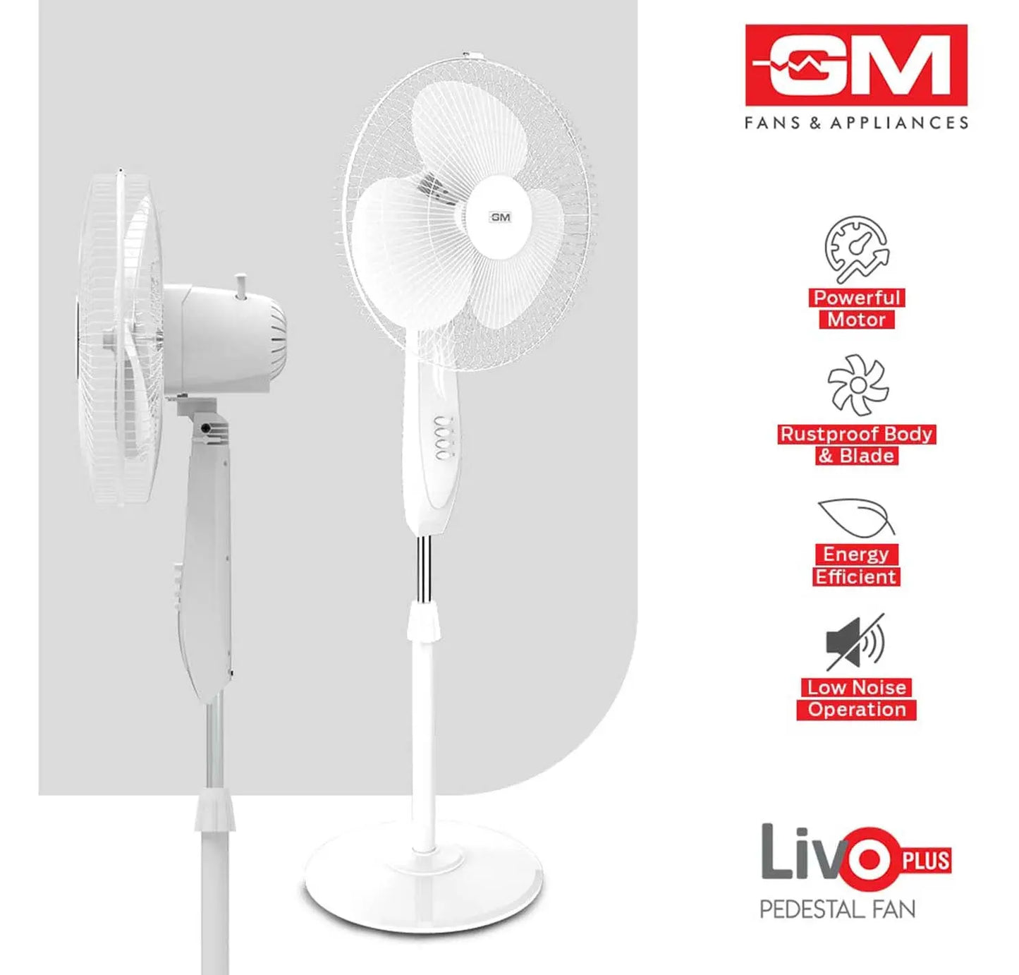 GM Livo Plus Pedestal Fan 400mm NS - White