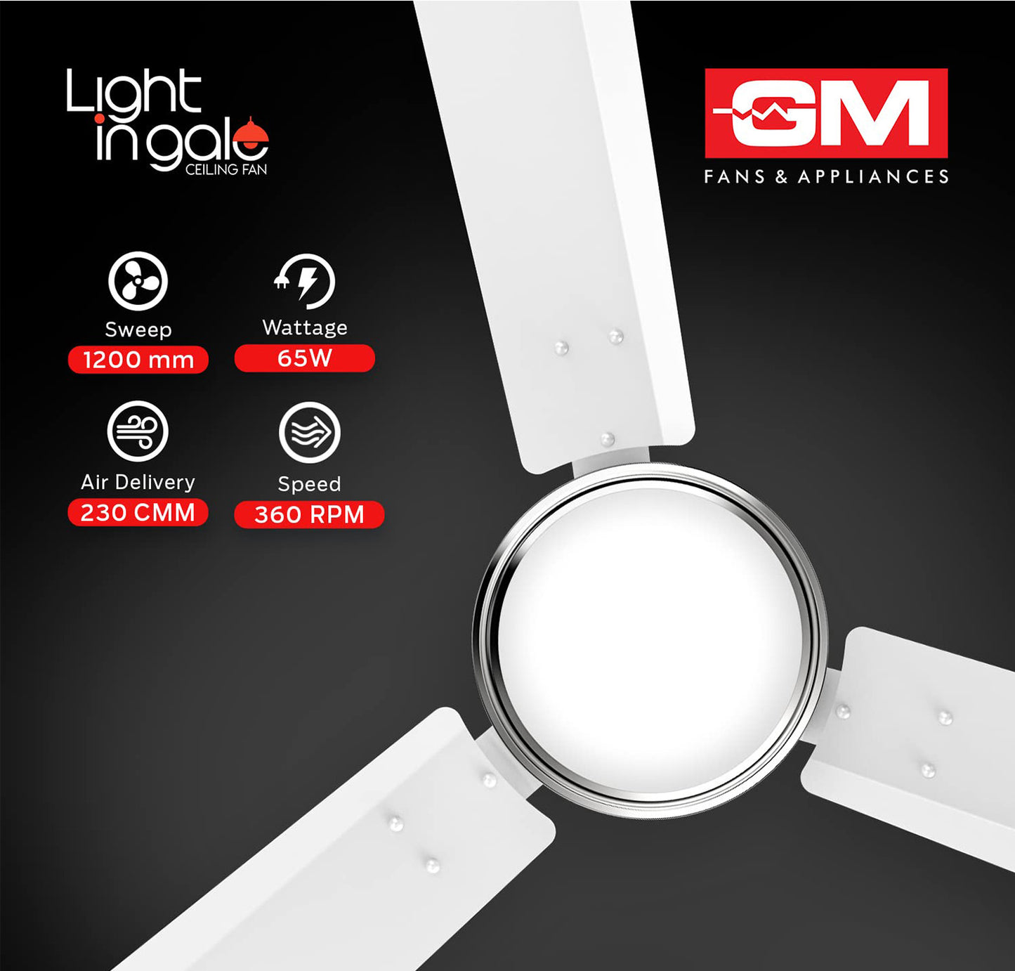 GM Light In Gale Ceiling Fan With LED Light 50W / 1200mm