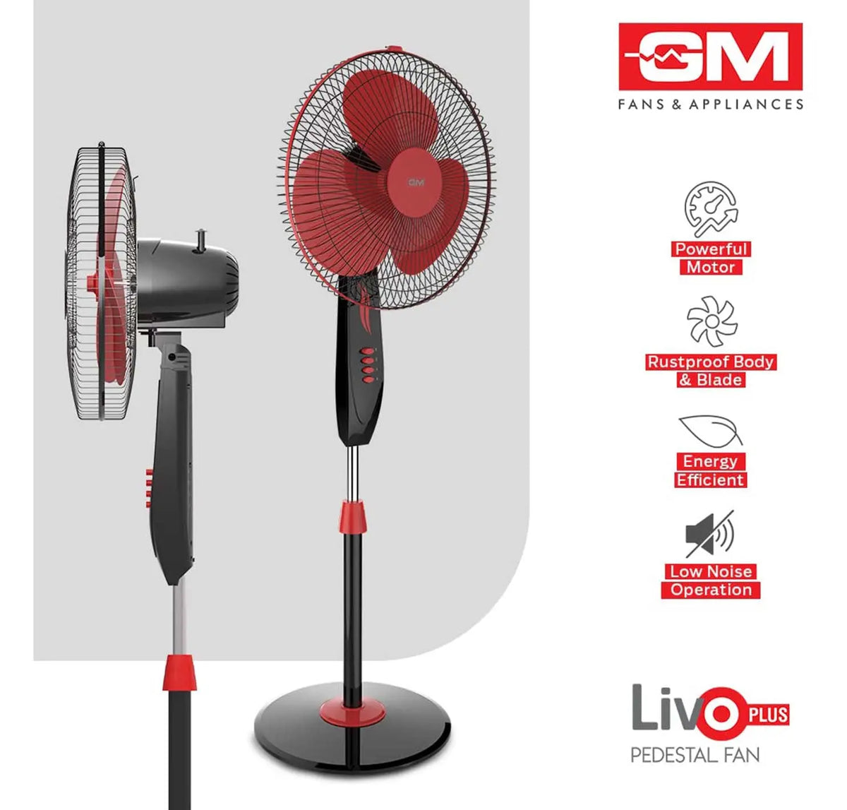 Fans Plus One GM Livo Plus Pedestal Fan 400mm NS - Red Black - Badari Hardware