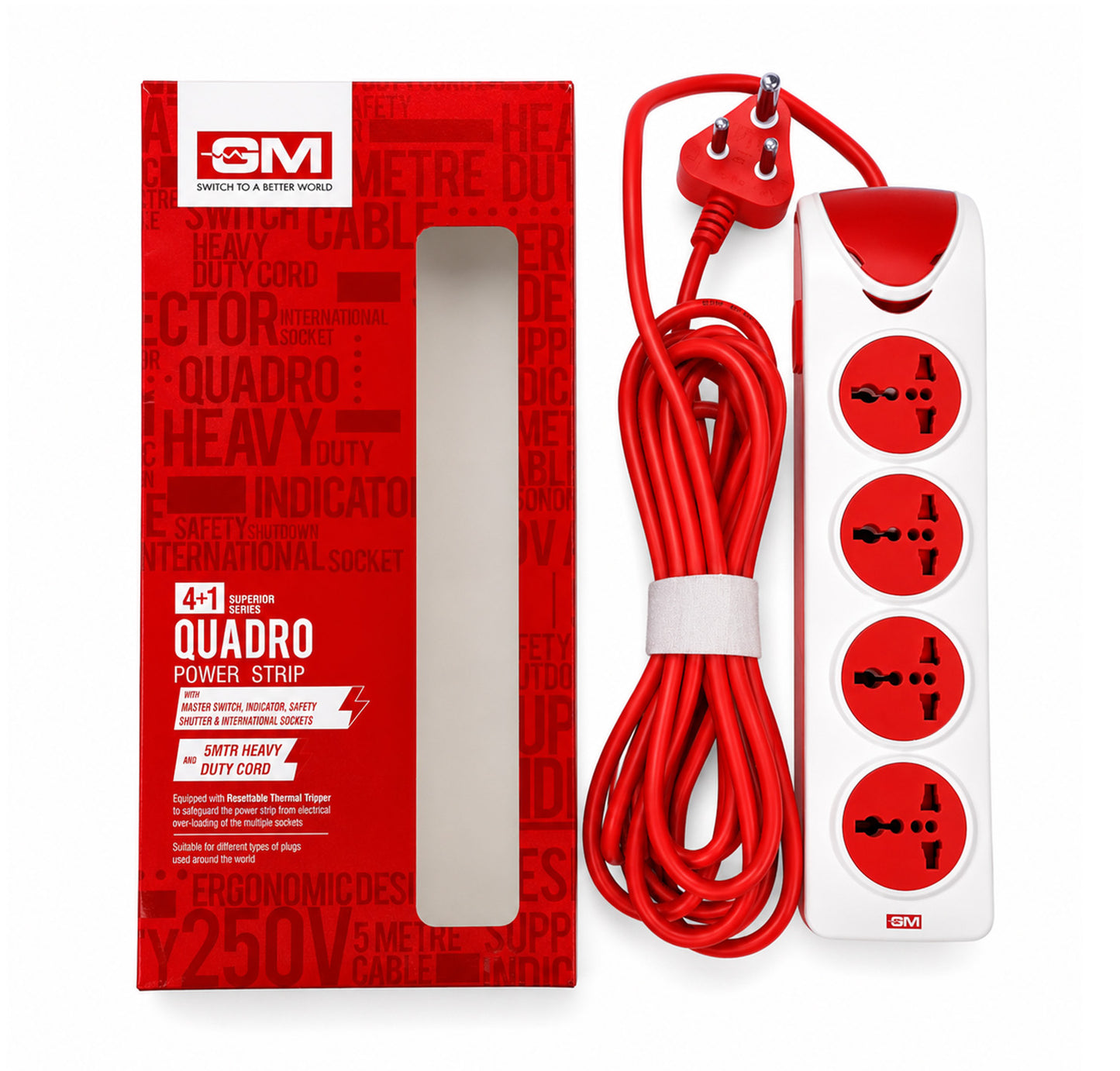 GM Quadro Power Strip 4+1 With Safty Shutter & International Sockets - 5 Meter Cable Badari Hardwares